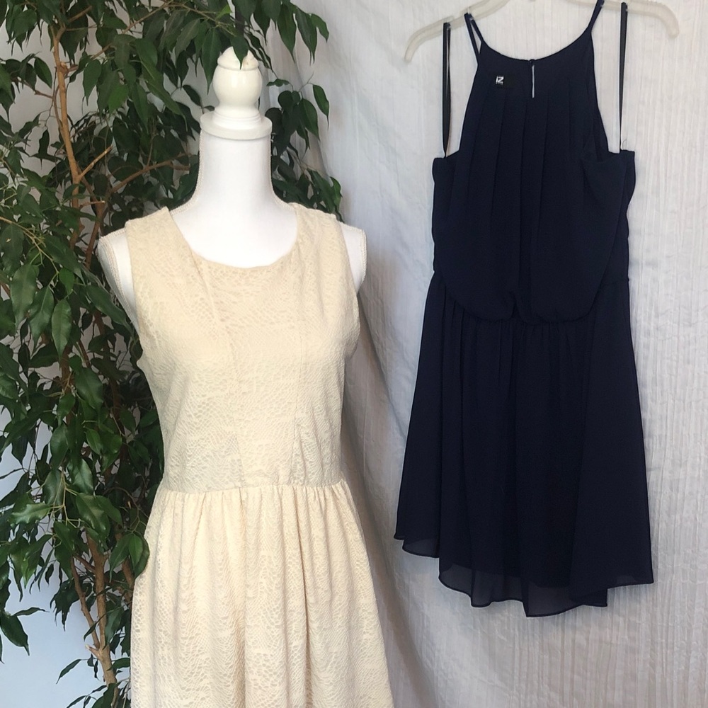 IZ BYER & XHILARATION size L halter & 50s style cream lace & navy dresses